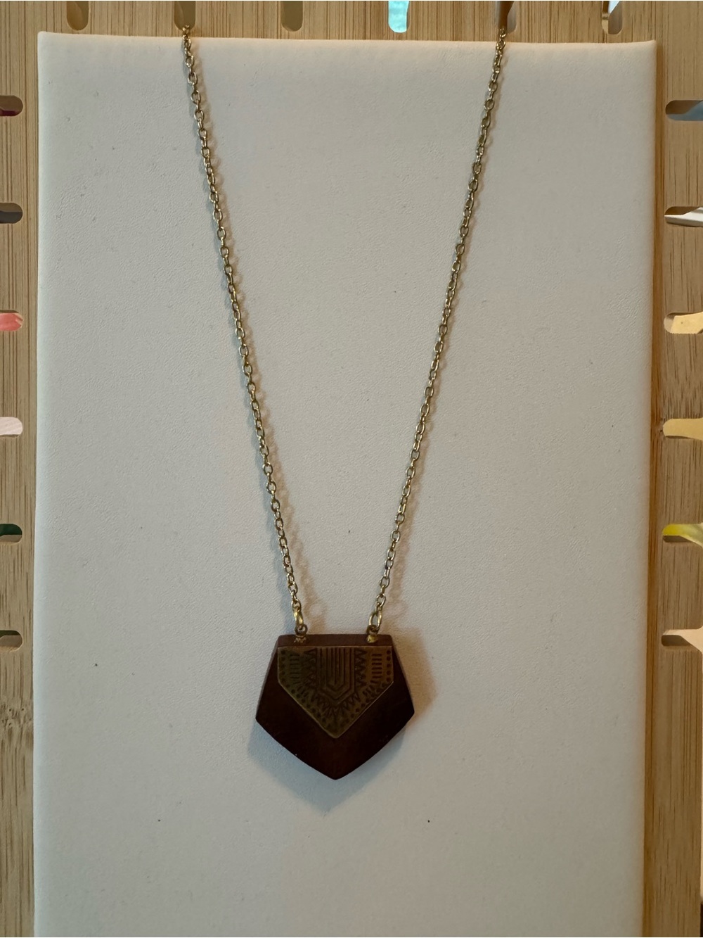 18” Geometric Wood Pendant Necklace in Brown and Gold